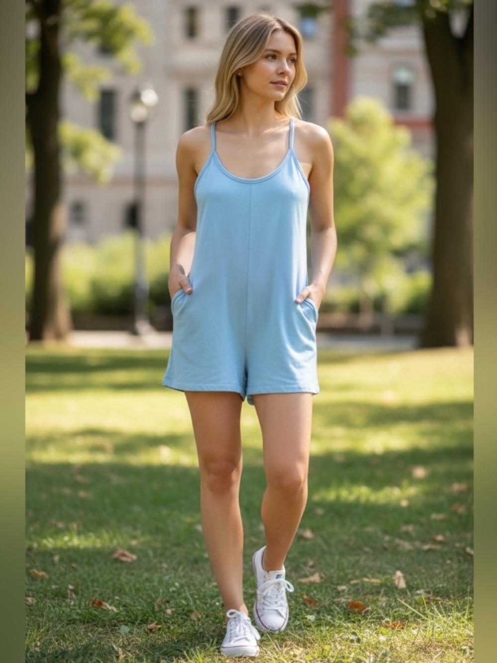NWT Sundry light blue spaghetti strap onesie romper sz M